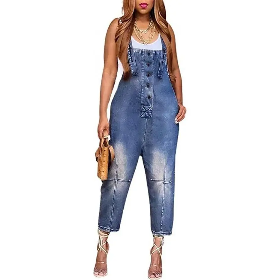 Women's Casual Baggy Cropped Denim Jumper Overalls - Sleeveless, Strappy Adjustable Button Straps, Cargo Pockets, Trendy Summer Casual Wear, Blue Overalls, Adjustable Wide-Leg Overalls
