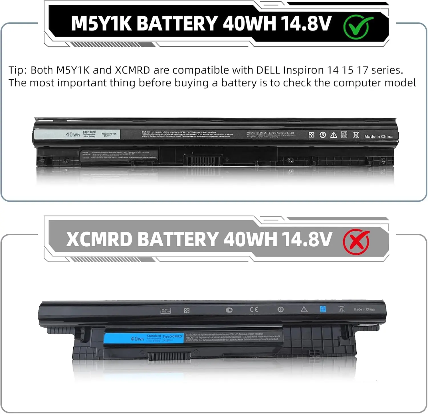 【M5Y1K】 14.8V Battery Replacement for Dell Inspiron 14 15 17 5000 3000 Series 5559 5558 3451 3452 3458 3551 5458 5755 5756 5758 5759 P47F P51F P52F Compatible with Dell Battery M5YIK