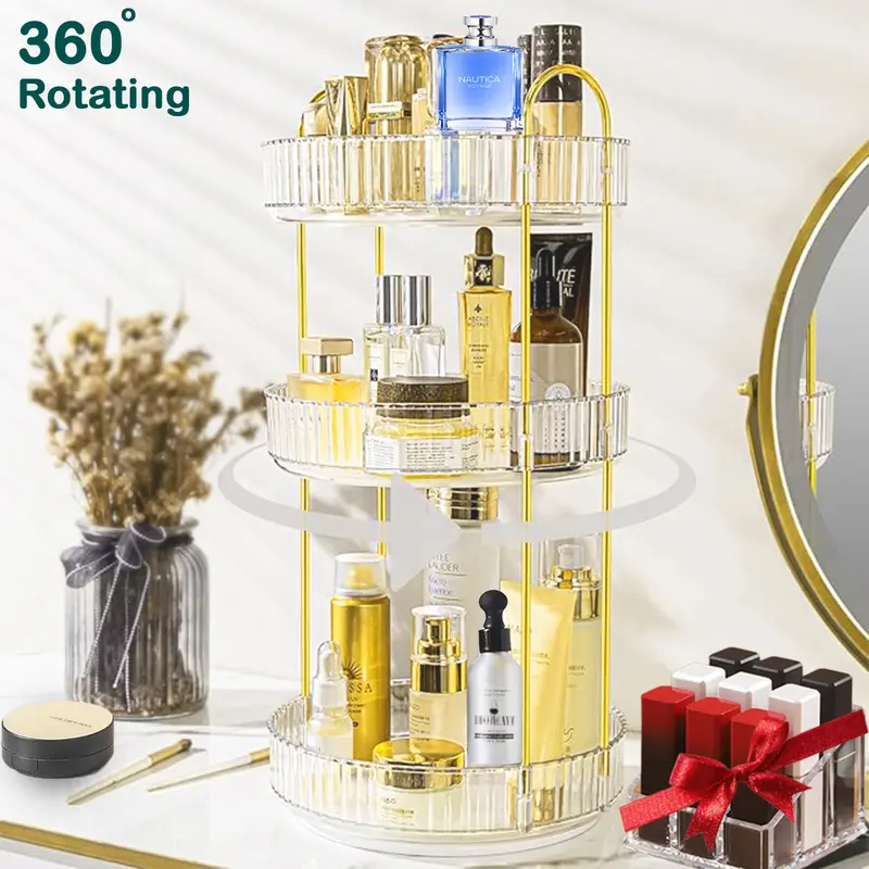 360 Rotating Makeup Organizer With Lipstick Holder, Countertop 3/2 Tier Bathroom Organizer Spinning Perfumes Organizers, Skincare Organizers Makeup Carousel Cosmetic Brush Storage for Vanity, Countertop, Gold