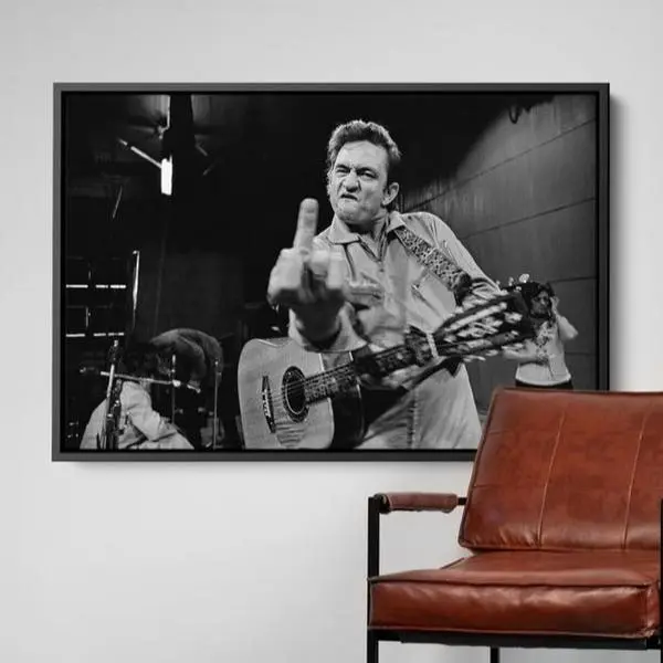 Johnny Cash Retro Black-White Star Plaid Middle Finger Art Print - Unframe-Style Paintings, Artistic 12x18in/24x36in Waterproof Music Fan Collectibles, Man Cave Decoration, Home Supplies, Kitchen Accessory, Wardrobe Accent (Box Included)