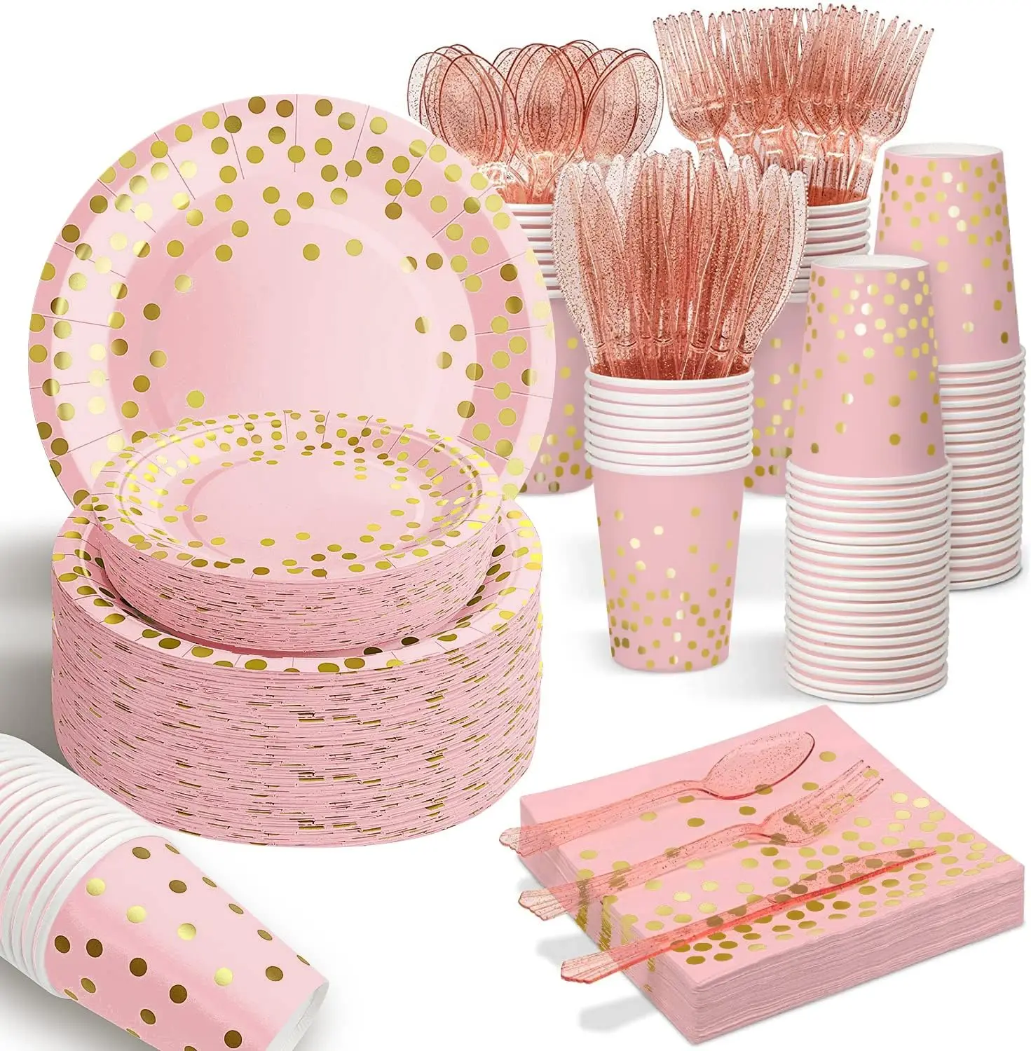 Pink Gold Paper Plates, 175PCS Disposable Dinnerware Set for 25 Guests | Thick food-grade paper,ideal for elegant weddings birthday graduations,leakproof heavy-duty construction,eco-friendly party