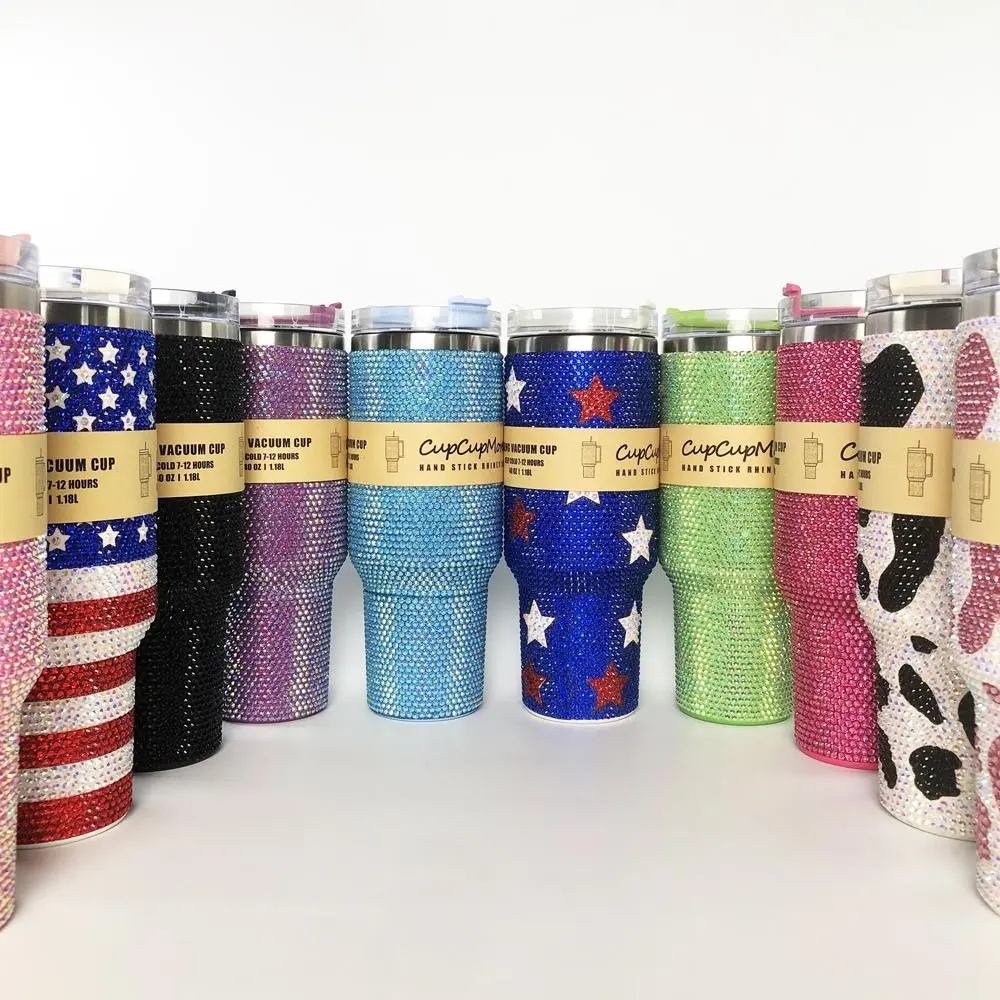 Cupcupmore Live 40 oz Bling Rhinestone Stainless Steel Sippy Tumbler - Portable Vacuum Insulated Thermal Flask with Straw, Lid, Handle, Sparkle Car Cup Holder, Keeps Drinks Cold 12H for Coffee, Water Bottles