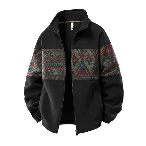 Men's Ethnic Print Polyester Fleece-Lined Full-Zip Stand Collar Longsleeve Loose Cardigan Coat - Menswear, Mens Clothing, Vintage Streetwear Top, Autumn Winter Everyday Wear (Sizes S-4XL) Knitwear Zipper Outerwear