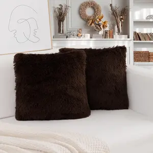 Brown Throw Pillow Covers, Pack of 2 Luxury Soft Faux Fur Pillow Covers Home Decor, Furry Plush Pillow Cover Set for Couch Sofa Living Room Bed, Only Covers 18" x 18"