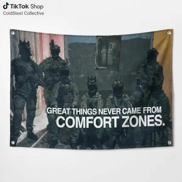 Military-Inspired Lightweight Motivational Tapestry with 4 Corner Grommet Holes - "Great Things Never Came From Comfort Zones" Tactical Wall Hanging for Bedroom, Office