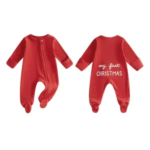 SWEETYHOUSE Newborn Infant Baby Christmas Outfits Footie Romper Casual Letter Prints Long Sleeve Jumpsuit Coming Home Outfits