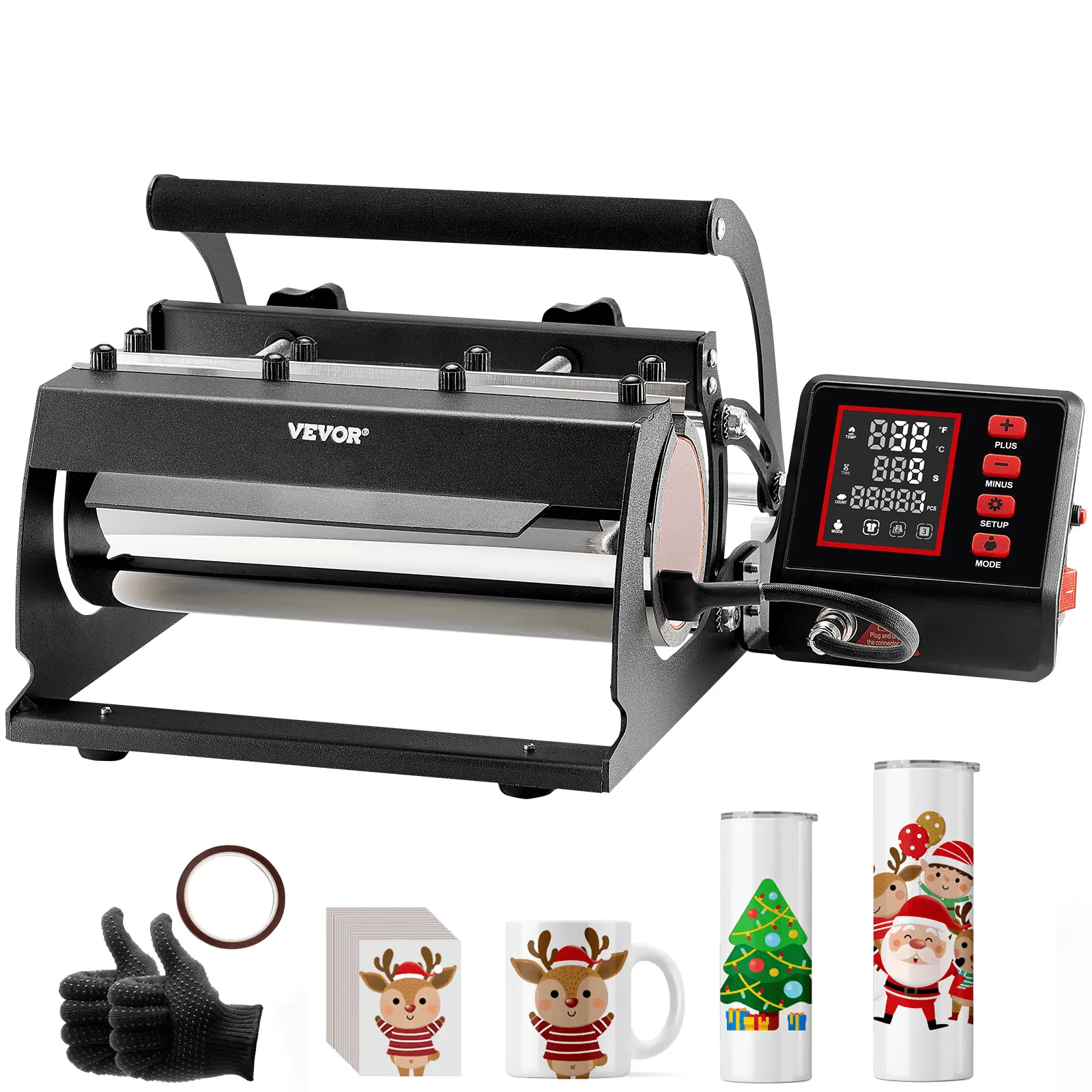 VEVOR Tumbler Heat Press Machine, 11-30oz Mug Press, Heat Up Fast and Even, Tumbler Press with Sublimation Paper, Tape and Gloves, Temp and Time Setting, for Sublimation Tumblers, Cups, Mugs, Black