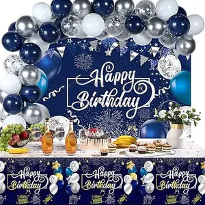 Blue Silver Happy Birthday Extra Large Fabric Sign Poster Banner Backdrop 2pcs Waterproof tablecloths 50pcs Metallic Shiny Latex Balloons for Birthday Party Background Decoration