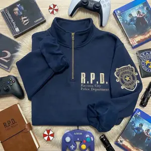 Resident Evil RPD Embroidered Zip Quarter Sweatshirt, Resident Evil Embroidered Zip Quarter, Umbrella Corporation Hoodie, Leon.Kennedy Shirt, Horror Game Merch