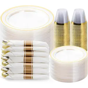 350PCS Clear Gold Plastic Dinnerware Set for 50 Guests Disposable Party Plates with Silverware Napkins Cups Perfect for Christmas New Year Weddings Anniversaries Birthdays