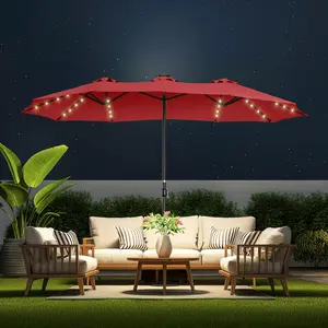 【Oversized】13ft-15ft Solar light Double Sided Umbrellas Solar Lights Outdoor Extra Large Market Table Umbrella with Base Included, Oversized Umbrella for Deck, Pool, Backyard Offset Parasol Offset Patio Parasol Sunshade Canopy