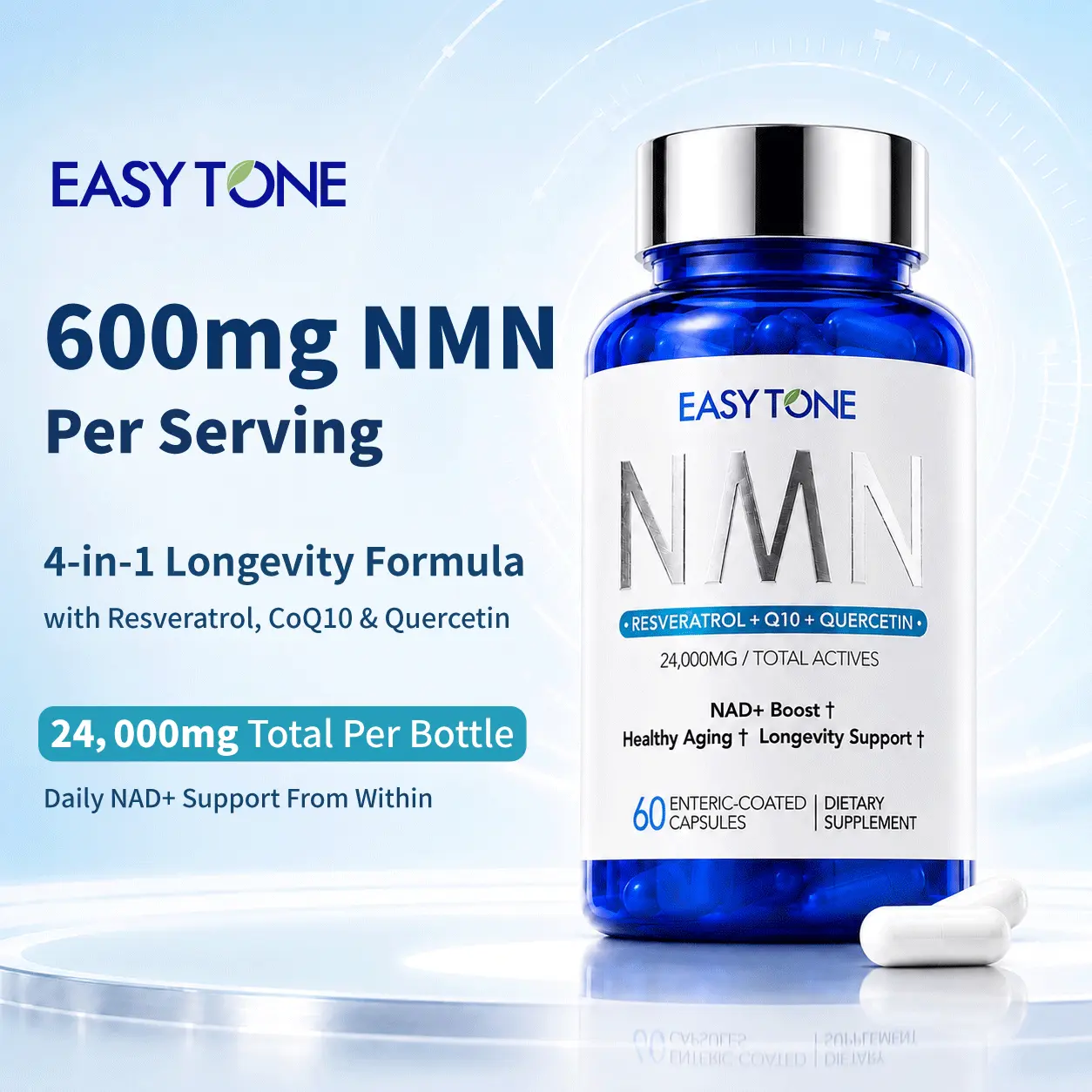 EasyTone NMN Supplement 600mg per Serving with Resveratrol, CoQ10 & Quercetin, 60 Capsules,24,000mg Total Actives, NON-GMO, 3rd Lab Test