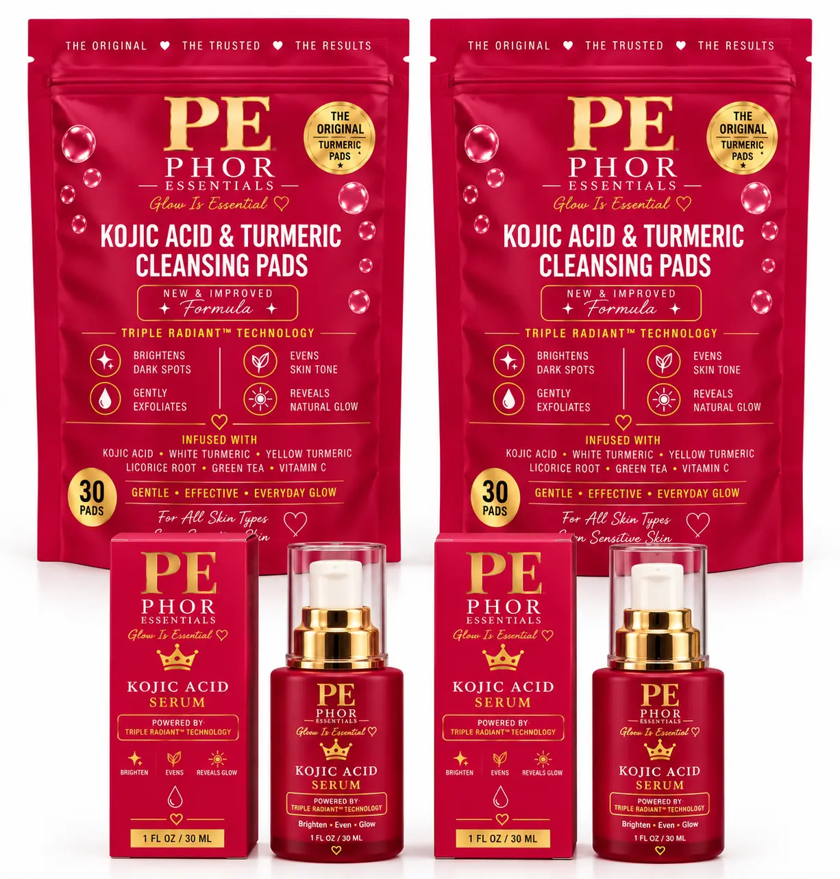 Phor Essentials Double Glow Bundle | 2 Kojic Acid & Turmeric Cleansing Pads + 2 Kojic Acid Serums