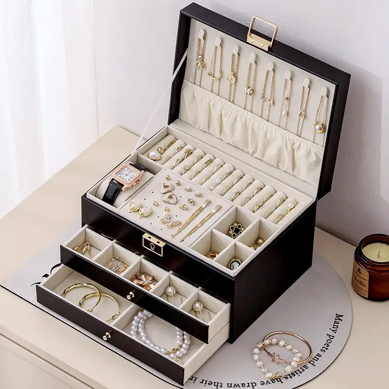 3 Layers Jewelry Velvet Box, 1 Set Large Capacity Jewelry Holder Organizer with Drawer, Lockable Jewelry Storage Boxes for Earring Necklace Ring, Gift