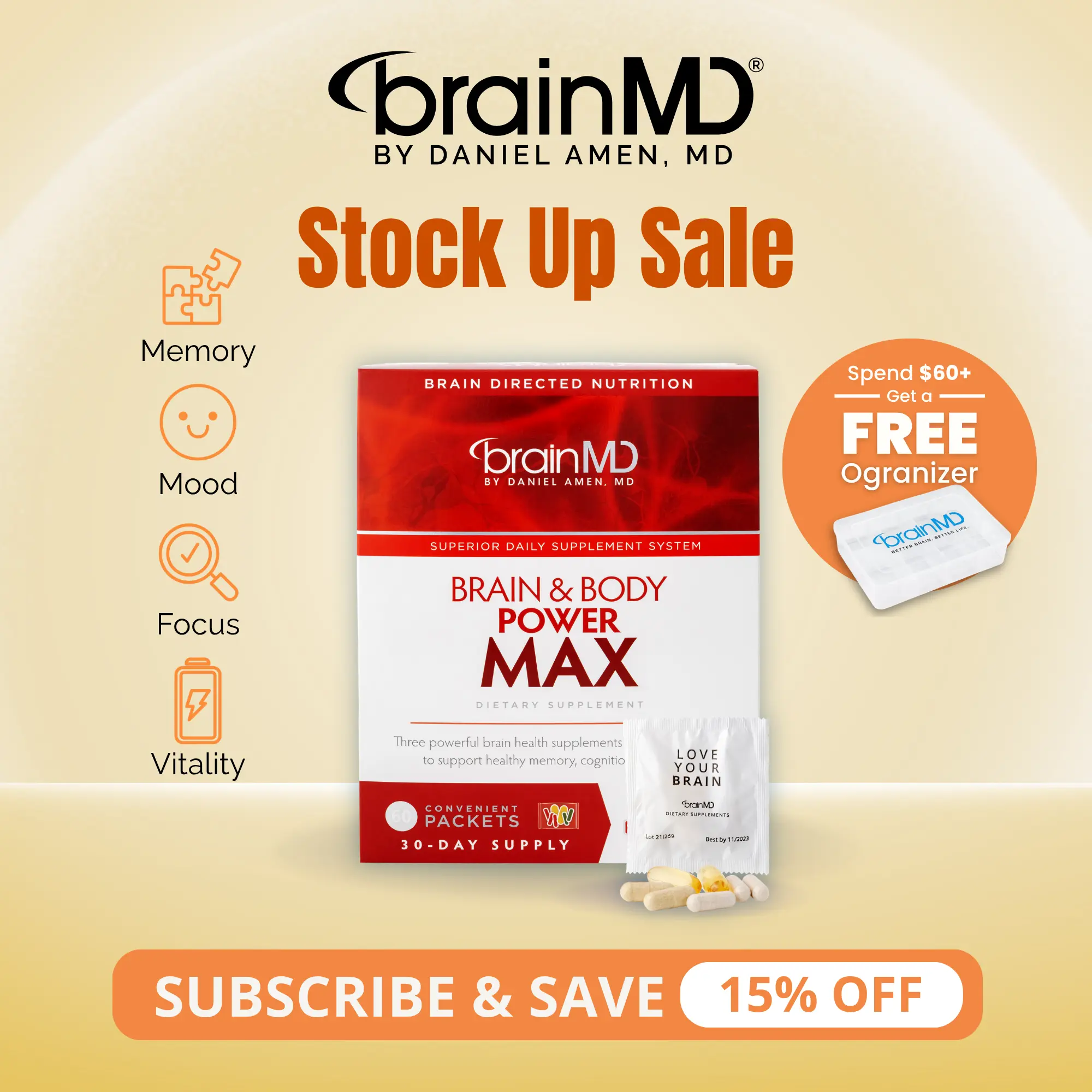 Brain & Body Power MAX | BrainMD | 60 Packets | Memory, Mood & Vitality Support | Focus, Heart & Immune Health | Multivitamin, Omega-3 & Nootropic Blend