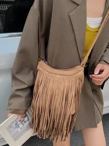 Ladies' Autumn Winter Shoulder Bag, Fashionable Simple Casual Retro Design, Solid Color Tassel Detail, Versatile Daily Commuting Shopping Date, Fringe Crossbody