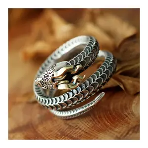 Buyee 925 Sterling Silver Unique Big Ring Excellent Horned snake Open Ring Finger for Man Woman Rock Punk Fine Jewelry Circle