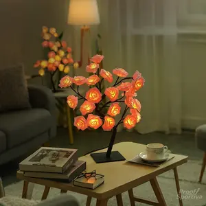 2025 Valentine's Day pink rose artificial tree light, New style square-bottom rose lamp LED luminous desktop decoration, romantic bedroom night light, wedding decoration, proposal gift Valentine's Day Pink Rose Light Tree