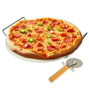 13" Pizza Stone Set with Stainless Steel Rack & Pizza Cutter – Thermal Shock-Resistant Baking Stone for Oven, Grill, BBQ, Even Heat Distribution, Compact Storage