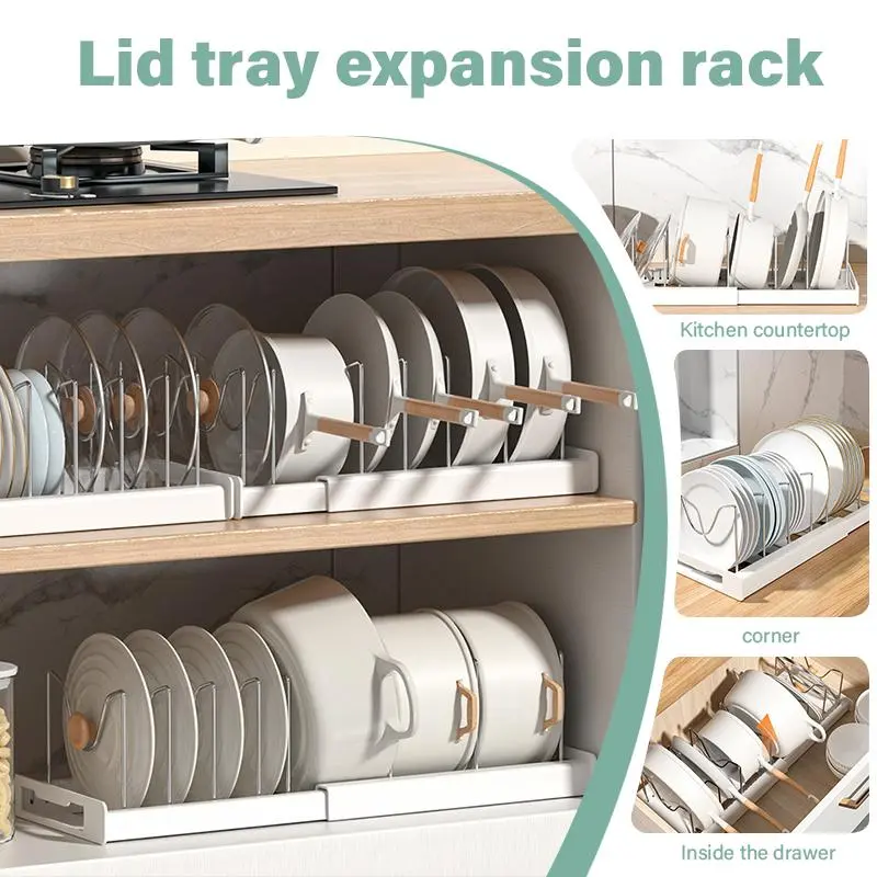 Pots and pans organizer rack, expandable stainless steel cookware storage with slide design, adjustable kitchen cabinet organizer for pots pans lids, countertop shelf rack