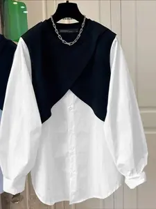 ZANZEA Women's Casual Loose-Fitting Long Sleeve Faux Patchwork Colorblock Blouse, Casual blouses, Round Neck Style, Daily Commute Womenswear Top, Fashion