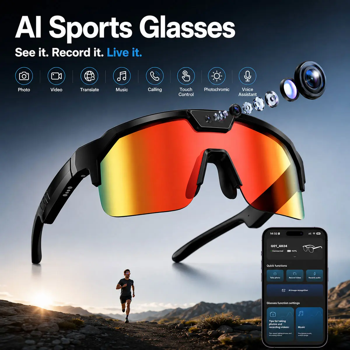 AI Cycling Camera Glasses with 8MP, 4K Video Recording Sunglasses with 6-Axis EIS Stabilization, Smart Glasses with Camera for Sports, Bluetooth Glasses for Men Women-Skiing/Running/Baseball