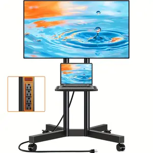 Rolling TV Stand With Power Outlet, Mobile TV Stand With Upgraded Wheels For 32-70 Inch TVs, Height Adjustable Mobile TV Cart Up To 88lbs, Portable TV Stand For Outdoor, Home