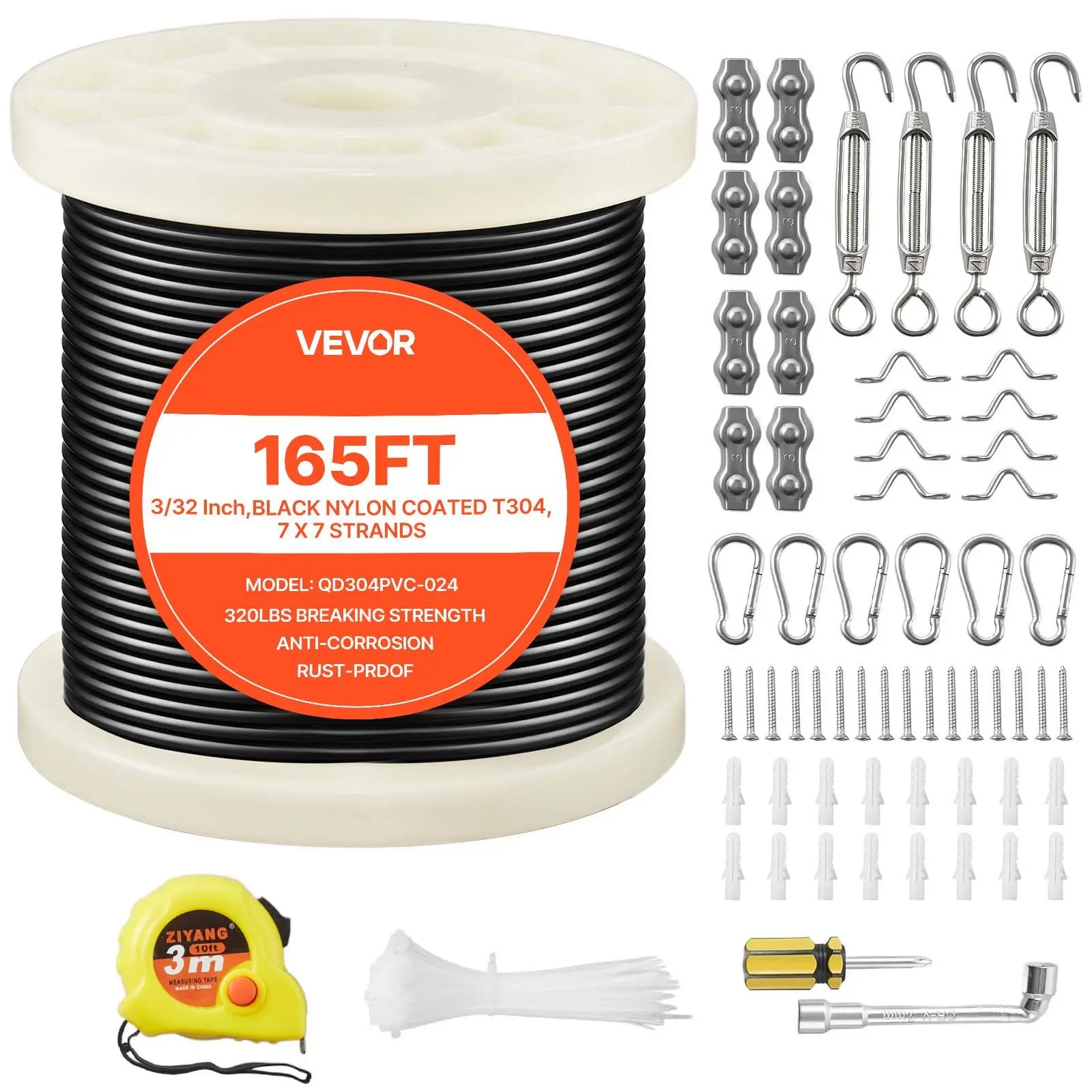 【DealsForYouDays】VEVOR 3/32 in 304 Stainless Steel Wire Rope Kit, 165 ft Length, 7x7 Strands, 450 lbs Breaking Strength, Adjustable Hanging Ropes for Deck Railing System, Garden Trellis