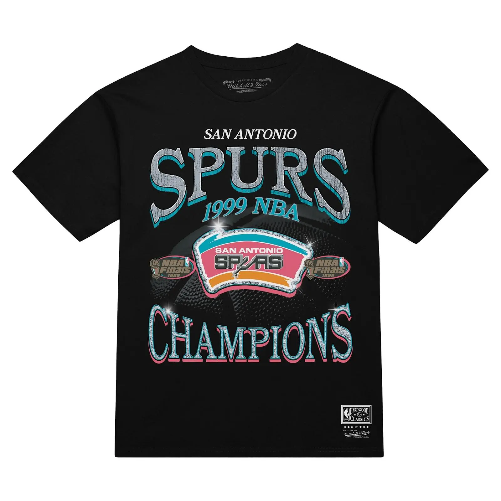 San Antonio Spurs Black 1999 NBA Finals Champions Era T-Shirt Throwback Tee Graphic Vintage Fan Gear Mitchell & Ness