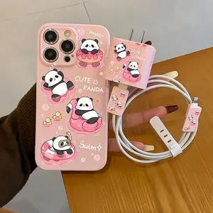 Eye-Catching iPhone Case 5 Piece Set Smartphone Accessories with Swimming Bear Design, Includes Charger Head Cover, Cable Protector, and Storage Rope for iPhone 15/Pro/Max/11/12/13/14/16 Models