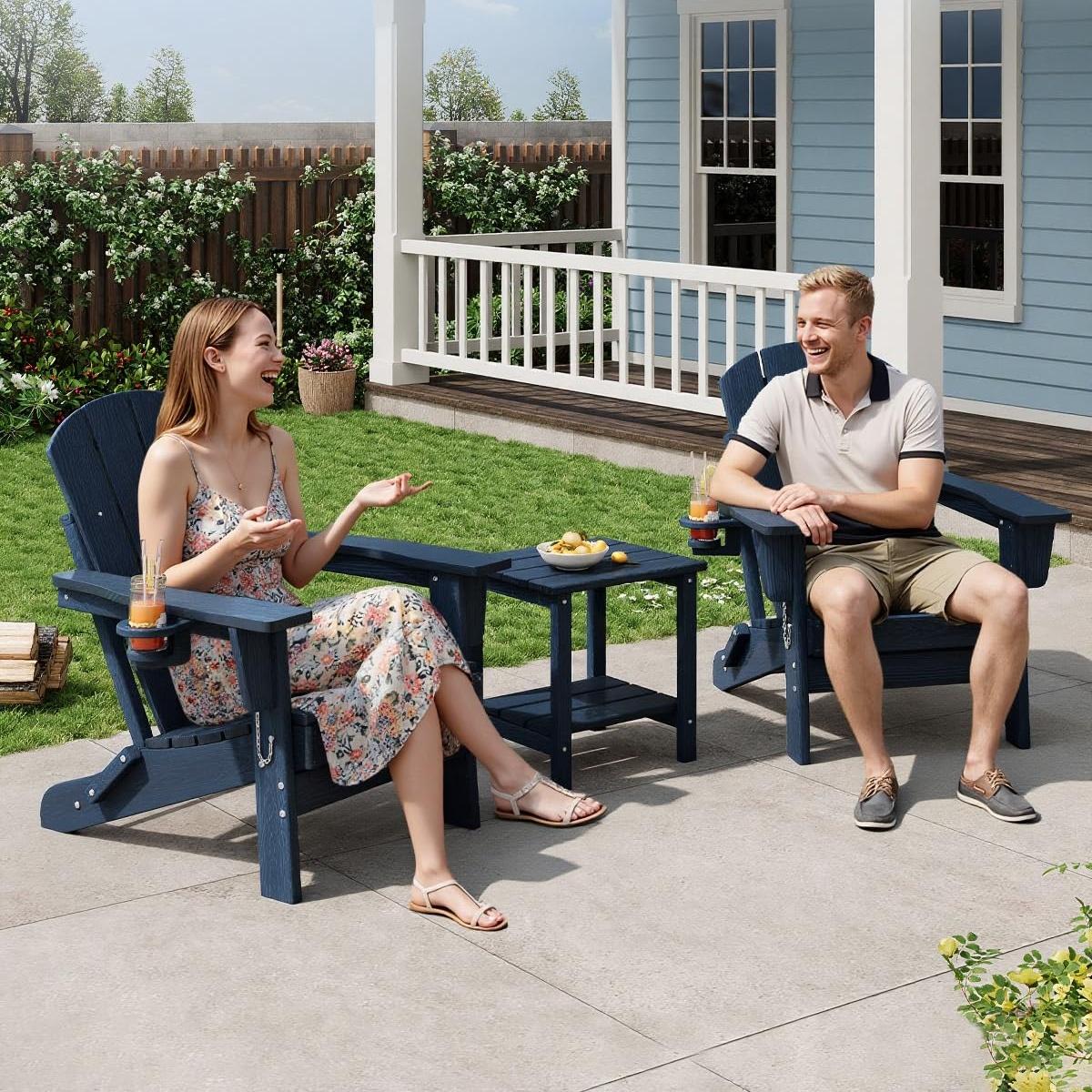 Folding Adirondack Chair Set of 2 with Side Table, All-Weather HDPE Outdoor Chair, Wooden Textured with Cup Holder for patios,Decks,Gardens Folding Adirondack Chair Set of 2 with Side Table, All-Weather HDPE Outdoor Chair, Wooden Textured with Cup Holder for patios,Decks,Gardens