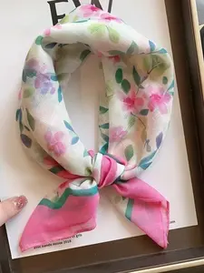 Women's Floral Silk Scarf, Cartoon Design Fashionable Skin-Bearing Headscarf, Warm Neck Wrap, All Seasons Loose-Fitting Style