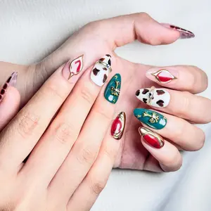 Nailbusy｜ Cow Print Teal Green Gold Cross Almond Press On Nails Western Boho Coquette Fake Nails