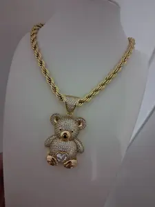 Gold 5mm Rope Chain 18” with Iced Teddy Bear Pendant – 14K Gold Plated