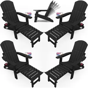 Adjustable Adirondack Chair with Footrest Set of 4, 5-Level Adjustable Adirondack Chair with Retractable Ottoman & 2 Cup Holders, Folding Adirondack Chairs for Outdoor, Pool, Fire Pit