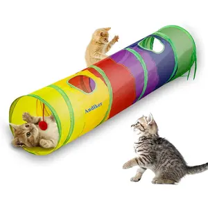 Andiker Cat Tunnel for Indoor Cats, 45" Long Rainbow Collapsible Kitten Tube with a Fun Ball and 2 Holes Cat Play Tunnel, Rabbit Tunnel for Kittens Exercising Hiding Training and Running(Colorful) Andiker