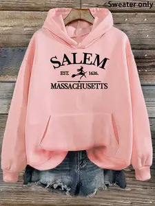 Hoodie With 'salem Massachusetts' And Witches Black, Fitted Hoodie For Fall & Winter, Moderate Thick Kint-Fabric