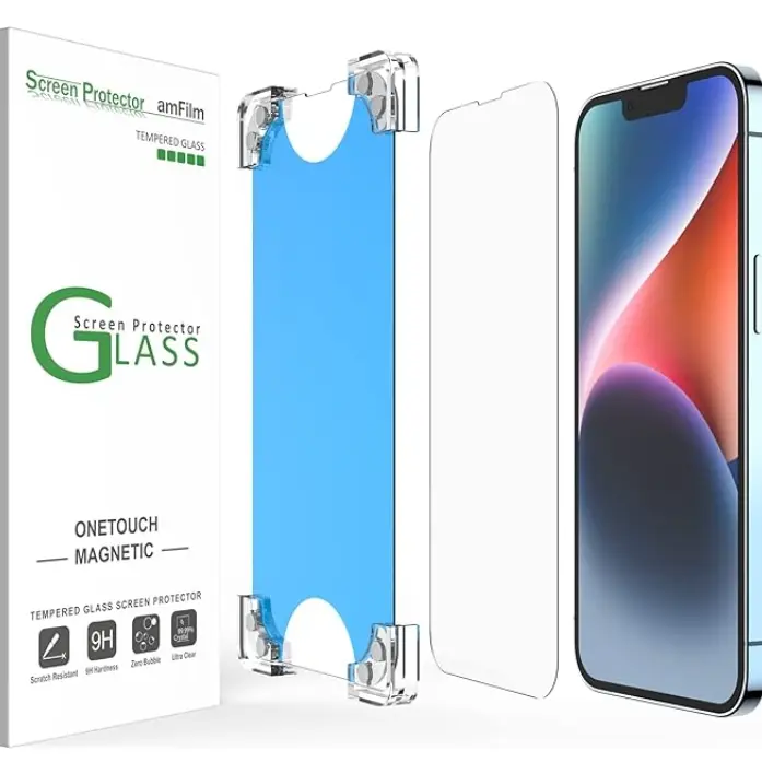 amFilm 3 Pack Magnetic OneTouch Screen Protector Compatible with iPhone 13 14 15 Plus/Pro Max 6.1" 6.7" Screen Protector Tempered Glass Edge to Edge Full Coverage with Easy Installation Kit (Magnetic & Reusable)