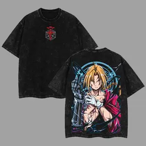 Edward Elric Fullmetal Alchemist Graphic Tee – Vintage Washed Oversized Anime Shirt, Heavyweight Cotton Unisex Top, Trendy Streetwear Menswear for Casual, Party, Convention, and Anime Fans