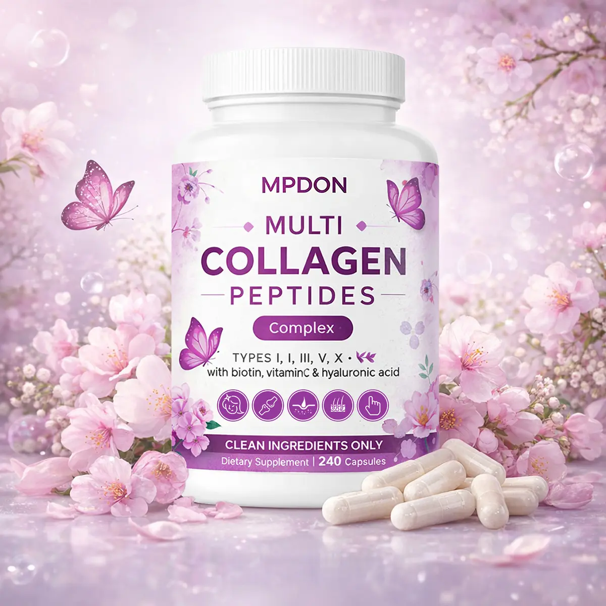MPDON Multi Collagen Capsules - Healthcare Dietary Beauty Supplement for Adults, 240 Count, Hydrolyzed Peptides (Types I,II,III,V,X), Biotin, Hyaluronic Acid, Fat-Soluble Vitamin C Complex, Non-GMO, Filler-Free, Immune Support, Minerals