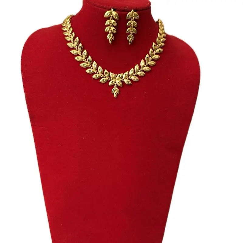 Women's 2-Piece Leaf Motif Jewelry Set - Gold-Plated Traditional Nepali, Necklace + Earrings, Simple Fashion Costume Accessory