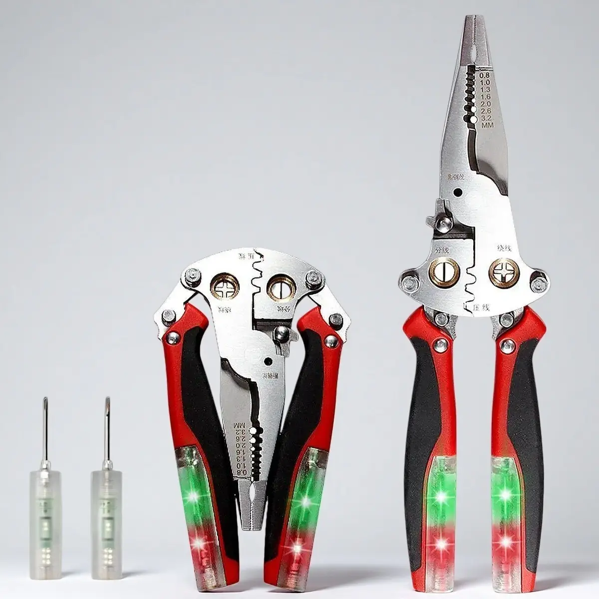10-Inch High Leverage 16-in-1 Stainless Steel Wire Stripper Pliers - Industrial Electrician’s Tool with Foldable Grip, Integrated Voltage Tester, 2 Detachable Pens, Power Cable Cutter, Crimper