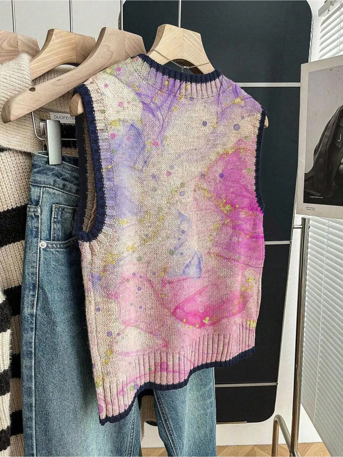 Spring Summer Elegant Women's Marble Print Vest Sweater, Casual Contrast Hem Short Sleeve Knitwear, Comfortable All-Season Top