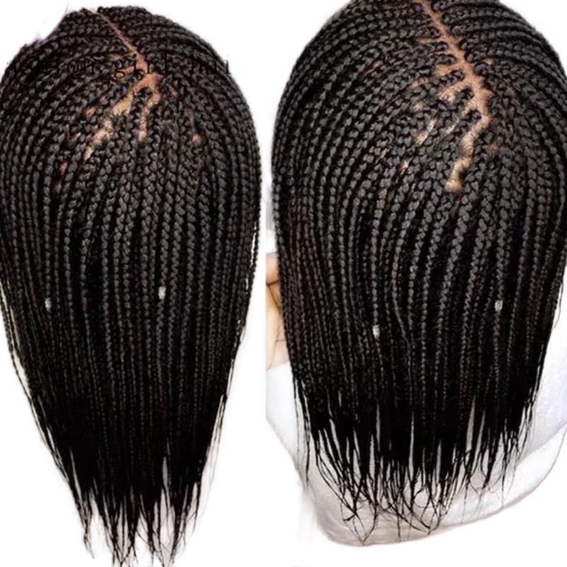 Black Box Braided Synthetic Hair Lace Front Wigs - Black, 13*4, 200% 32”Satin, Versatile for Casual and Formal Occasions