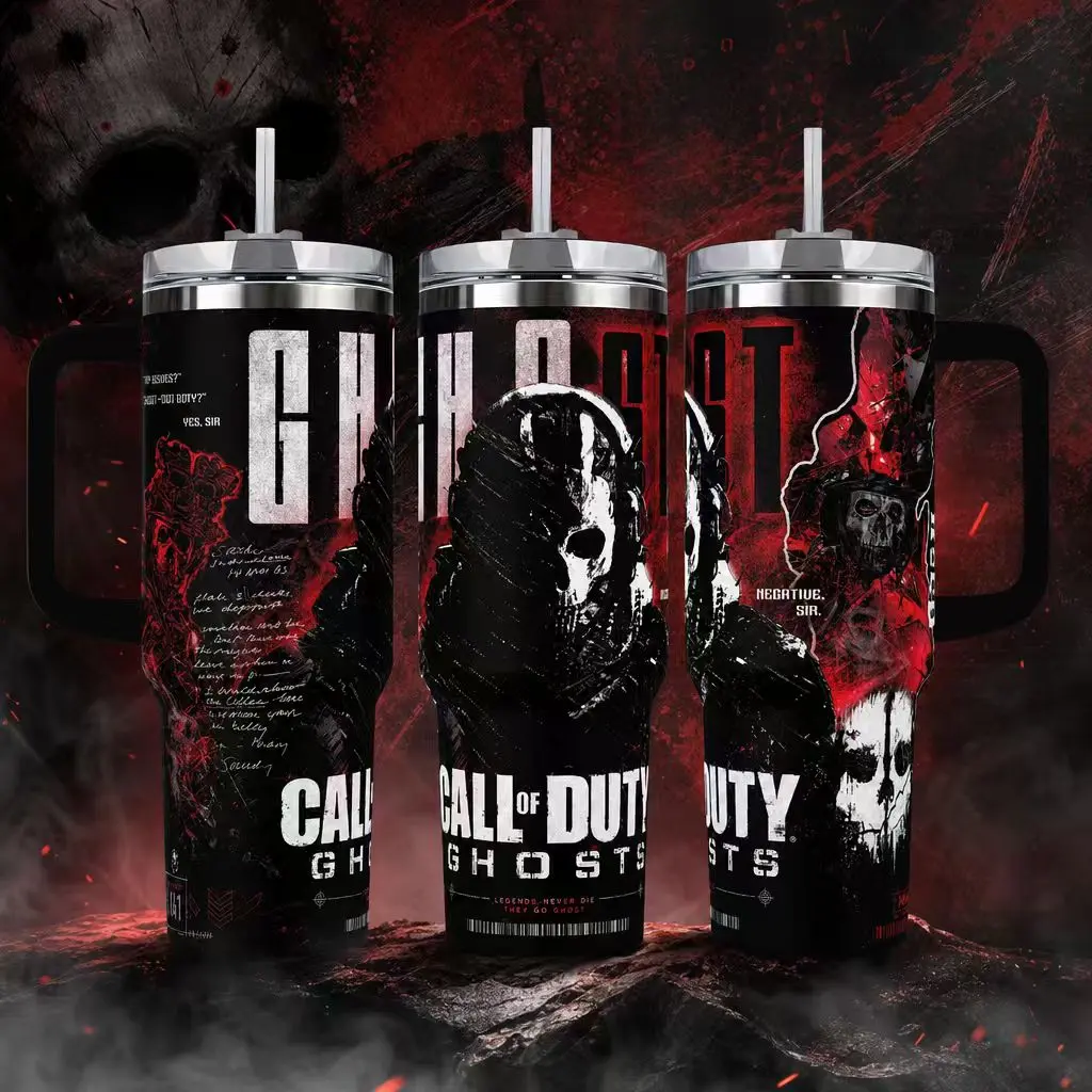 Call Of Duty Ghosts Insulated Tumbler & Travel Mug Set - 40oz Handle Cup, 20oz Portable Reusable Bottle with Lid, COD Simon Riley Inspired, Tactical Red-Black Graphic, Legends Never Die They Go Ghost Gamer Gift