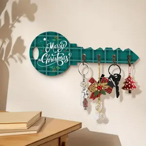 Wooden Christmas Themed Hanging Board with Hook, 1 Count Lattice & Letter & Cartoon Pattern Key Shaped Decoration, Wall Mounted Key Holder for Entrance Hallway Front Door