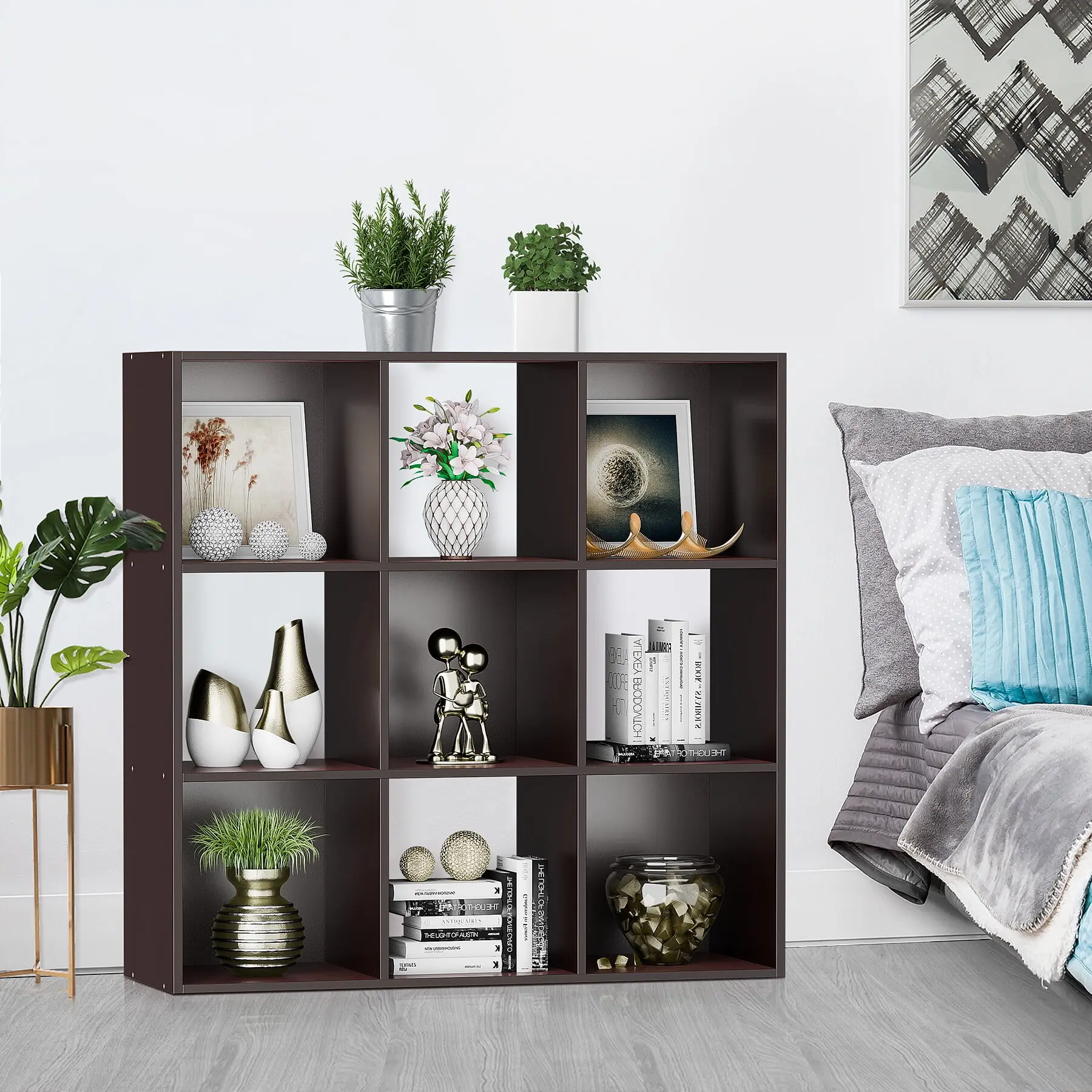 ZENY 1 x 9-Cube MDF Wood Cubby Shelf - 3-Tier Contemporary High-Load Interlocking Grid Organizer, 11.22"x11.34"x11.73" Cubes 35.5"x11.9"x35.8" Unit, 41.5 lbs Capacity, Removable Panels, Espresso Living Room Furniture for Collectibles, Quick Setup