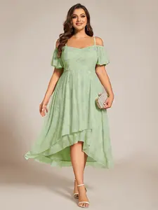 Ever-Pretty【Plus Size】Sundress,Spaghetti Strap Cold Shoulder Chiffon A-Line Midi Wedding Guest Dress Minimalist 02103