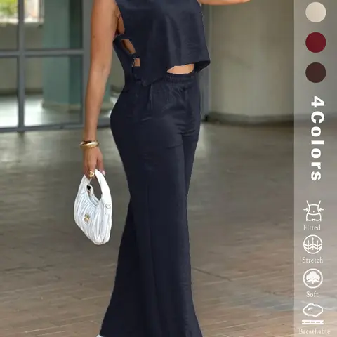 2025 Women's 2PCS Set - Sleeveless Side Cutout Top & Wide-Leg Pants | Loose Fit, Elastic Waist w/Pockets | OOTD for Spring/Summer/Autumn | Office, Commute & Daily | All Body Types | #Fashion2025 #WorkWardrobe #LoungeElegance
