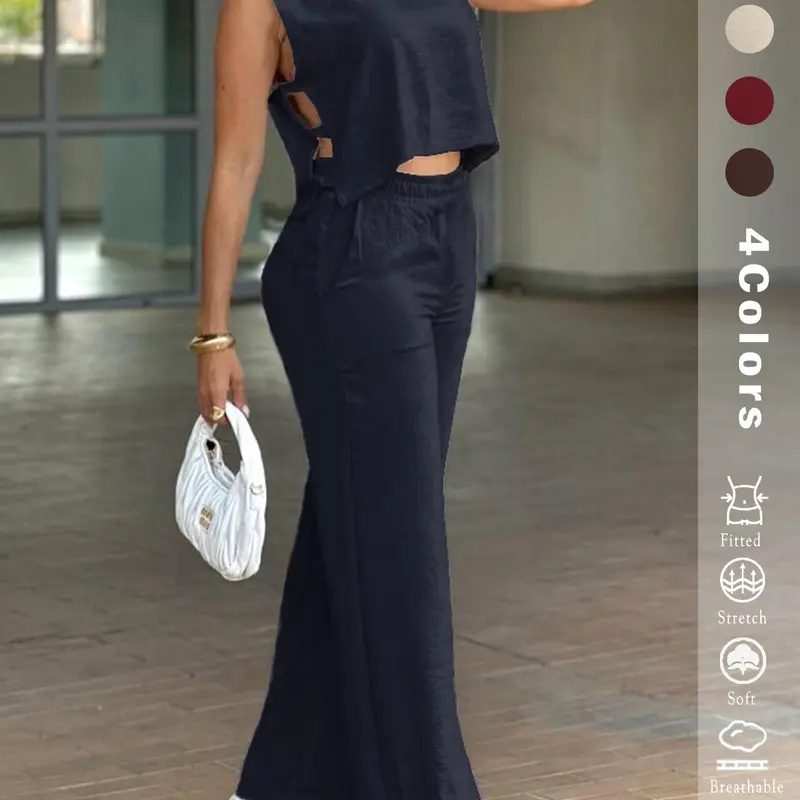 2025 Women's 2PCS Set - Sleeveless Side Cutout Top & Wide-Leg Pants | Loose Fit, Elastic Waist w/Pockets | OOTD for Spring/Summer/Autumn | Office, Commute & Daily | All Body Types | #Fashion2025 #WorkWardrobe #LoungeElegance